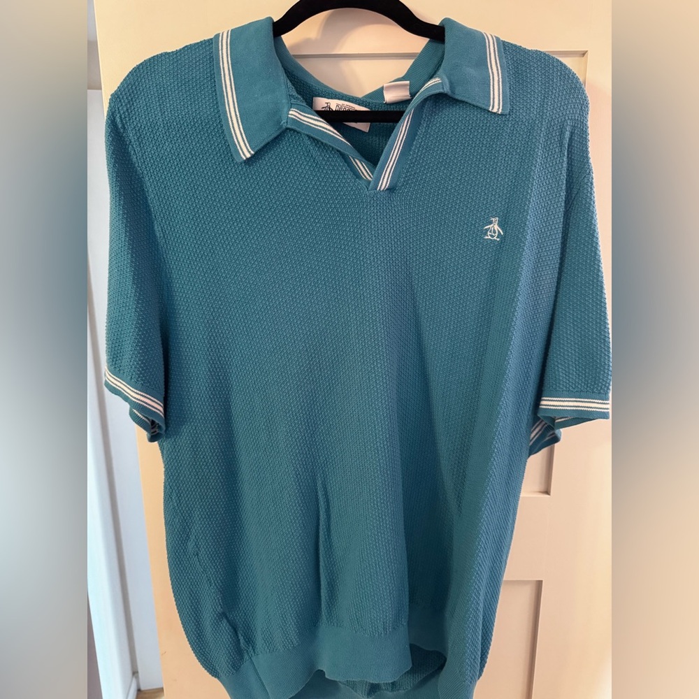 Men’s Original Penguin Teal Polo with Contrast Stripes